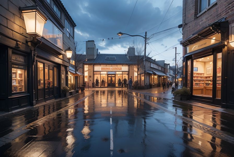 傍晚城市街道的店铺